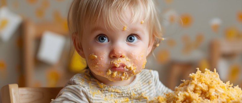 Toddler enjoying a messy meal with food on their face Free Premium Stock Image - stock photo