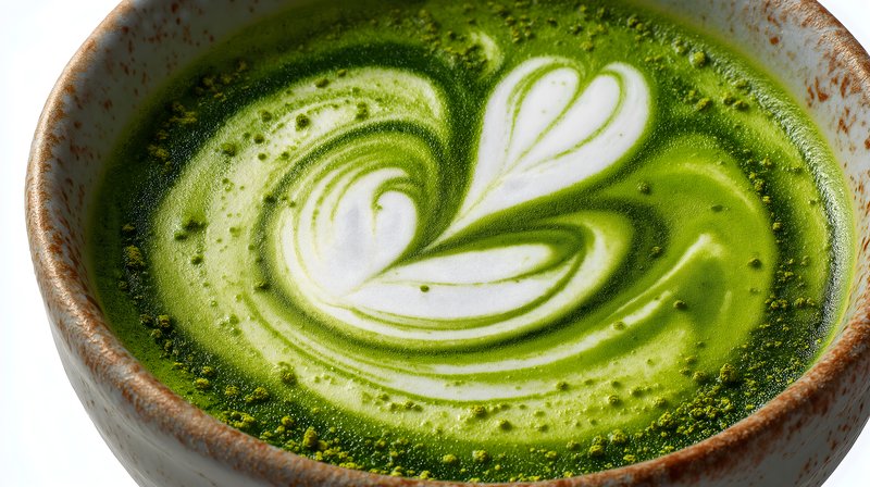 Matcha latte with leaf design on top in a bowl Free Premium Stock Image - stock photo