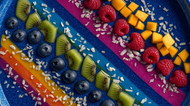 Fresh fruits arranged on colorful plate in bright kitchen Free Premium Stock Image - stock photo