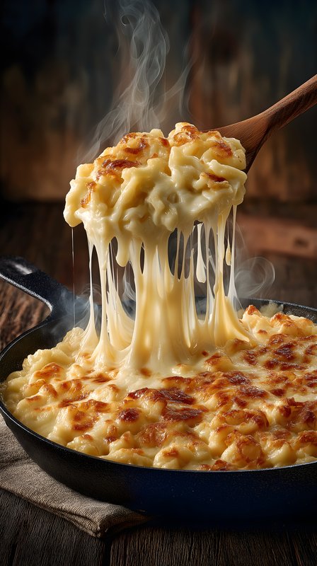 Cheesy pasta dish with steam rising from a skillet Free Premium Stock Image - stock photo
