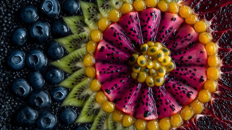 Colorful fruit arrangement on a black surface for a dessert Free Premium Stock Photo - stock photo