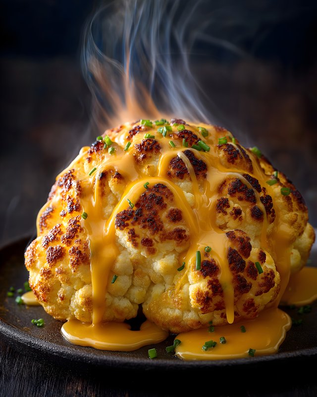 Grilled cauliflower with cheese sauce and steam rising Free Premium Stock Image - stock photo