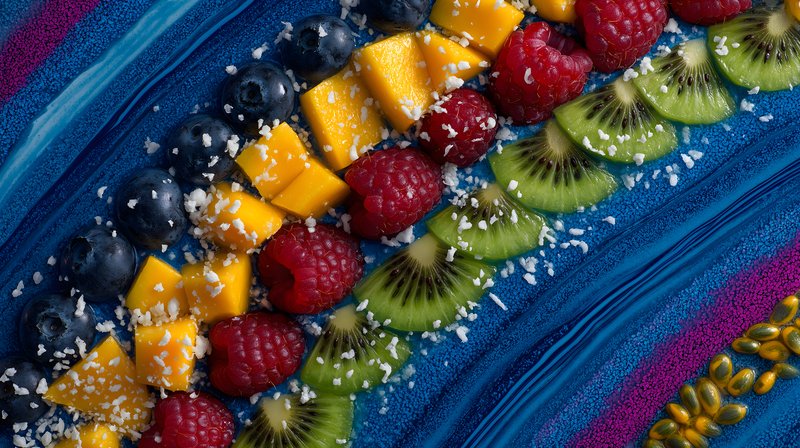 Fruit arrangement on blue background with colorful patterns Free Premium Stock Photo - stock photo