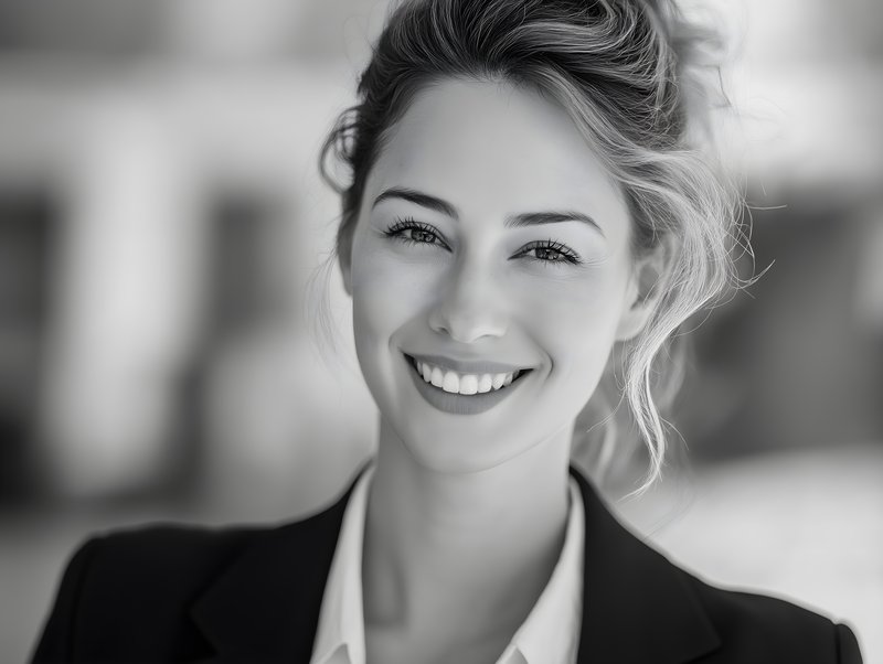 Smiling woman in black and white at outdoor location Free Premium Stock Photo - stock photo