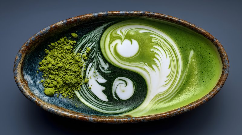 Matcha and milk art creates a swirl pattern in a bowl Free Premium Stock Photo - stock photo