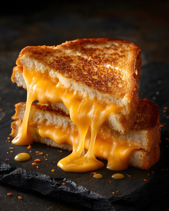 Melted cheese flows out of grilled sandwich on black slate Free Premium Stock Image - stock photo