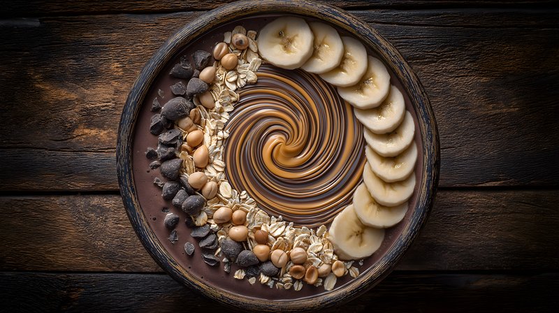 Healthy bowl with banana, nuts, and chocolate swirl design Free Premium Stock Photo - stock photo