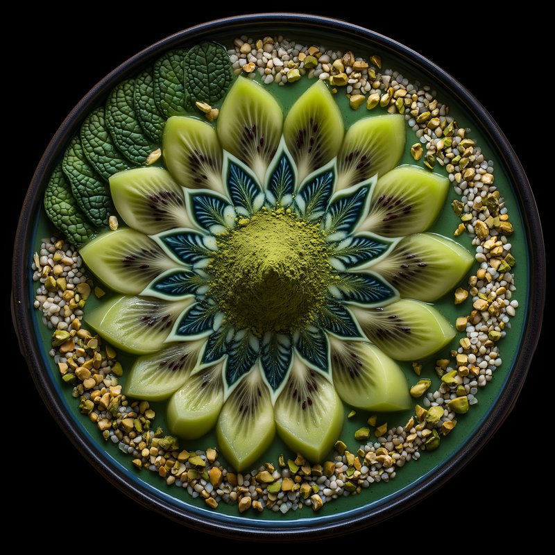 Colorful fruit and matcha bowl served on a black surface Free Premium Stock Image - stock photo