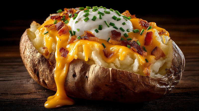 Baked potato topped with cheese, bacon, and sour cream Free Premium Stock Photo - stock photo