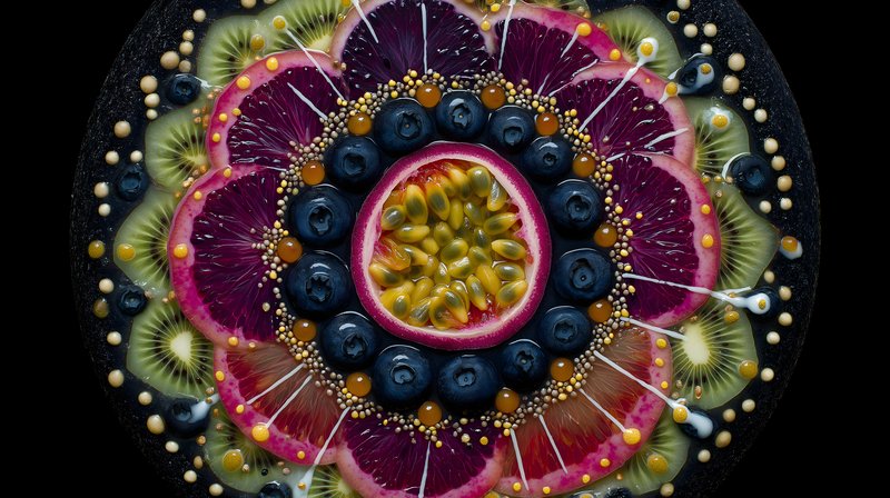 Colorful fruit arrangement on a black plate during the day Free Premium Stock Image - stock photo