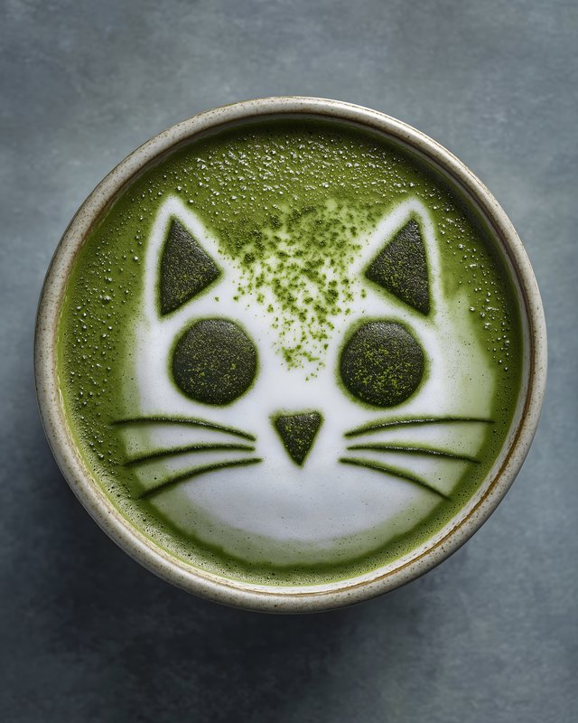 Latte art features a cat on green matcha drink Free Premium Stock Image - stock photo