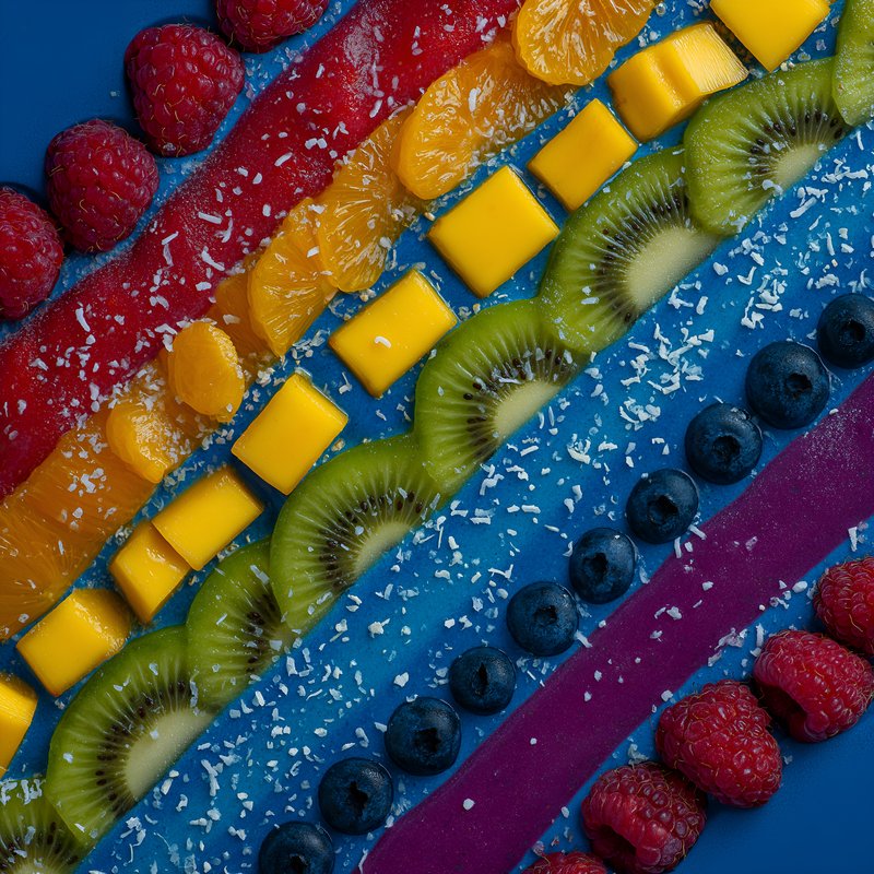 Colorful fruit arrangement on blue background with coconut flakes Free Premium Stock Photo - stock photo