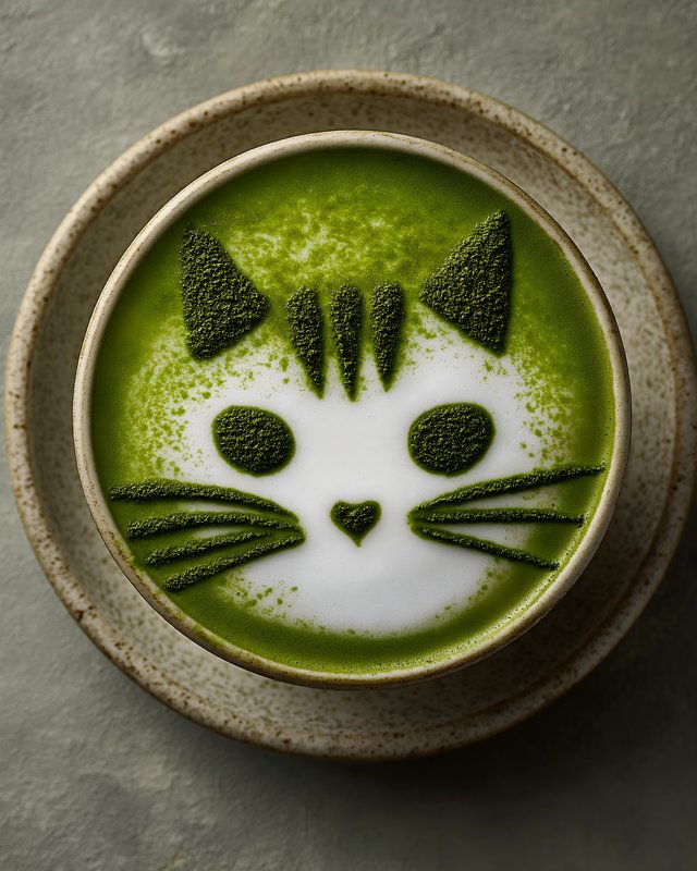 Matcha latte with cat design on green foam Free Premium Stock Image - stock photo