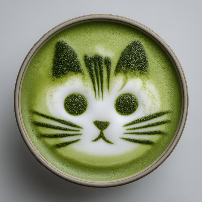 Cute cat latte art made with matcha served in a bowl Free Premium Stock Image - stock photo