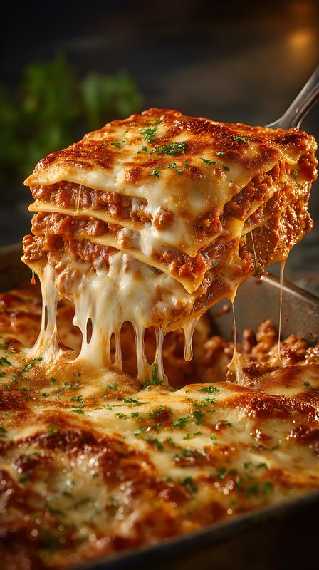 Cheese pulls from a tray of baked lasagna in a kitchen Free Premium Stock Photo - stock photo