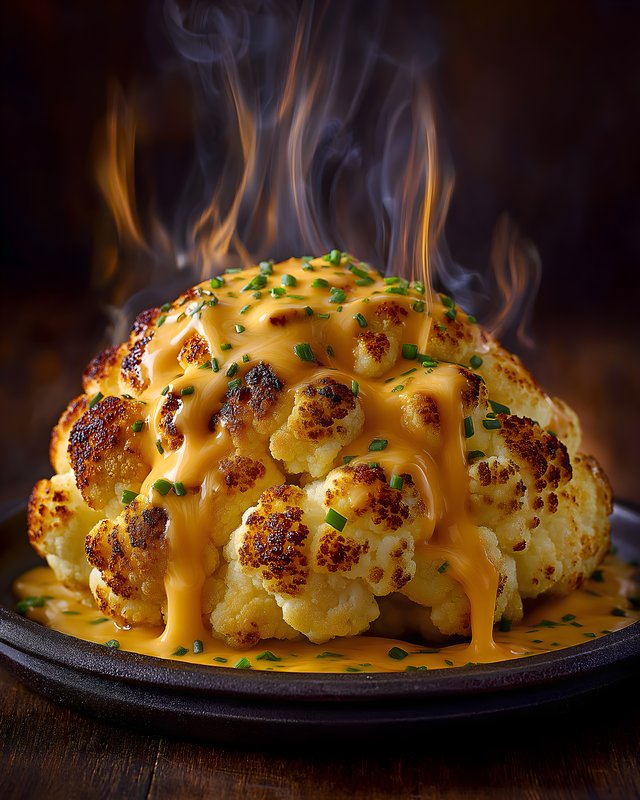 Baked cauliflower with cheese sauce and steam rising up Free Premium Stock Photo - stock photo