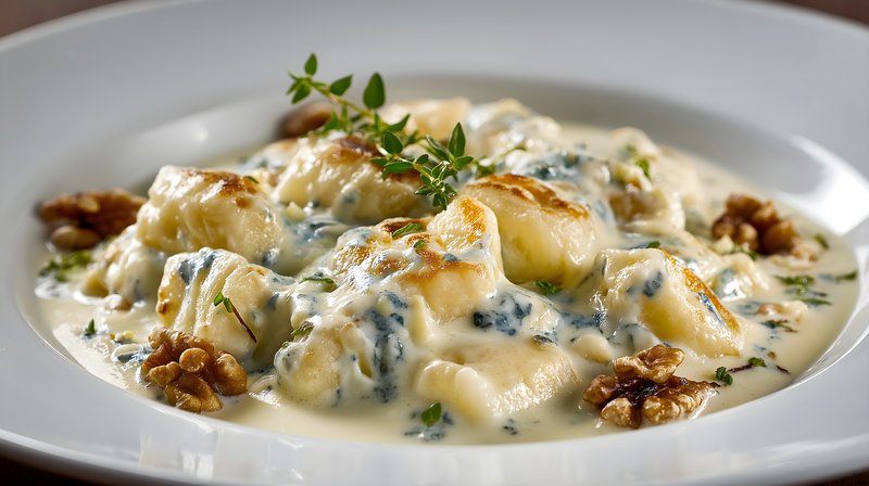 Gnocchi served in creamy sauce with walnuts and herbs Free Premium Stock Image - stock photo