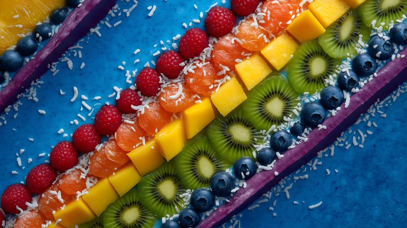 Colorful fruit arrangement on blue background at summer event Free Premium Stock Image - stock photo