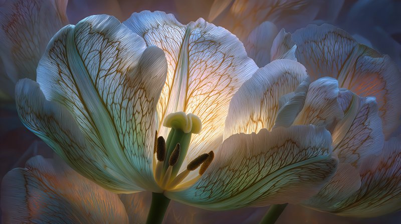 Bright light shines through fresh tulips at night Free Premium Stock Photo - stock photo