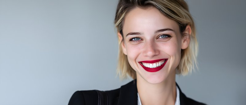 Smiling woman in black jacket with bright red lipstick Free Premium Stock Photo - stock photo
