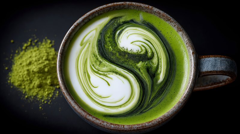 Matcha drink with milk swirls in a cup and powder on table Free Premium Stock Photo - stock photo