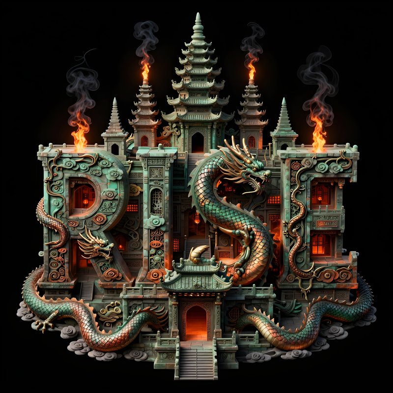 Rising dragon statue near ancient building with flames Free Premium Stock Image - stock photo