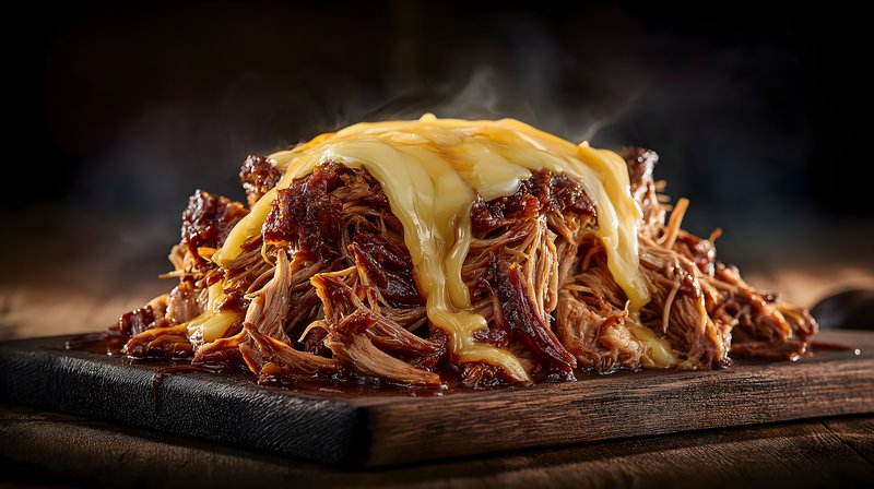 Slow cooked meat with cheese served on wooden board Free Premium Stock Photo - stock photo