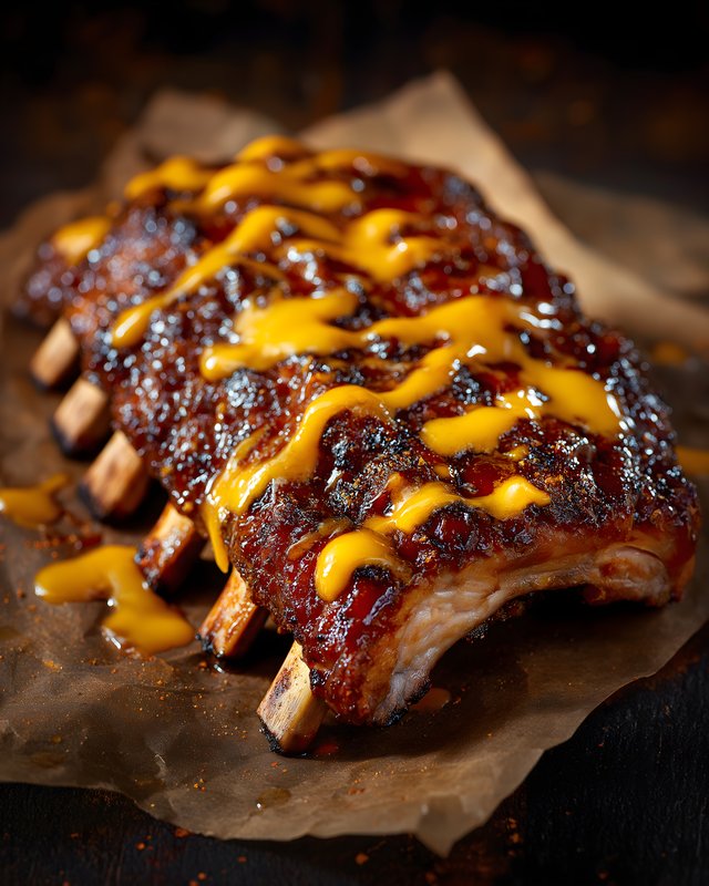 Grilled ribs with cheese sauce and caramelized glaze on paper Free Premium Stock Photo - stock photo