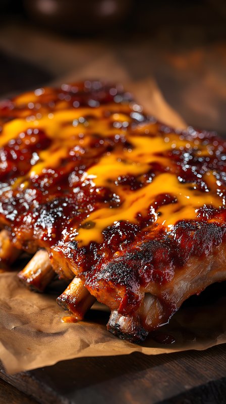 Delicious ribs with barbecue sauce and cheese on a wooden table Free Premium Stock Photo - stock photo