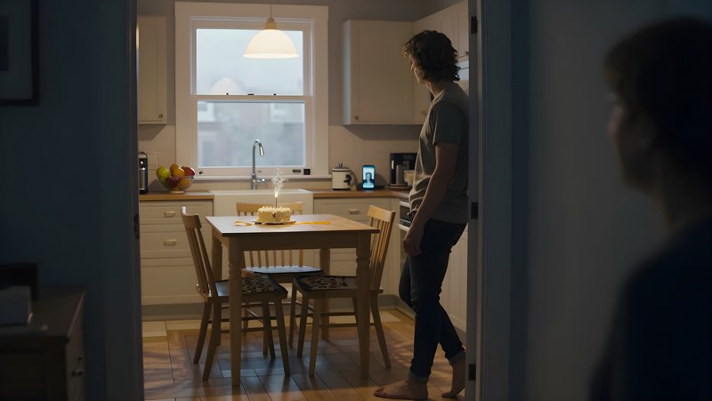 Man enters kitchen with birthday cake in evening light Free Premium Stock Photo - stock photo