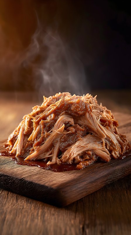 Pulled pork served on wooden board with sauce and steam Free Premium Stock Image - stock photo