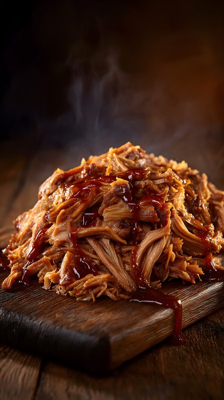 Smoky pulled pork with barbecue sauce on a wooden board Free Premium Stock Photo - stock photo