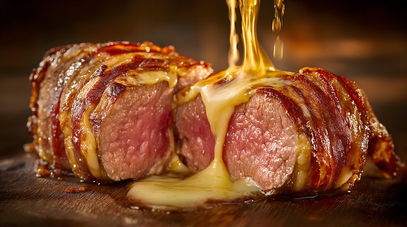Steak wrapped in bacon with cheese melting on wood surface Free Premium Stock Photo - stock photo