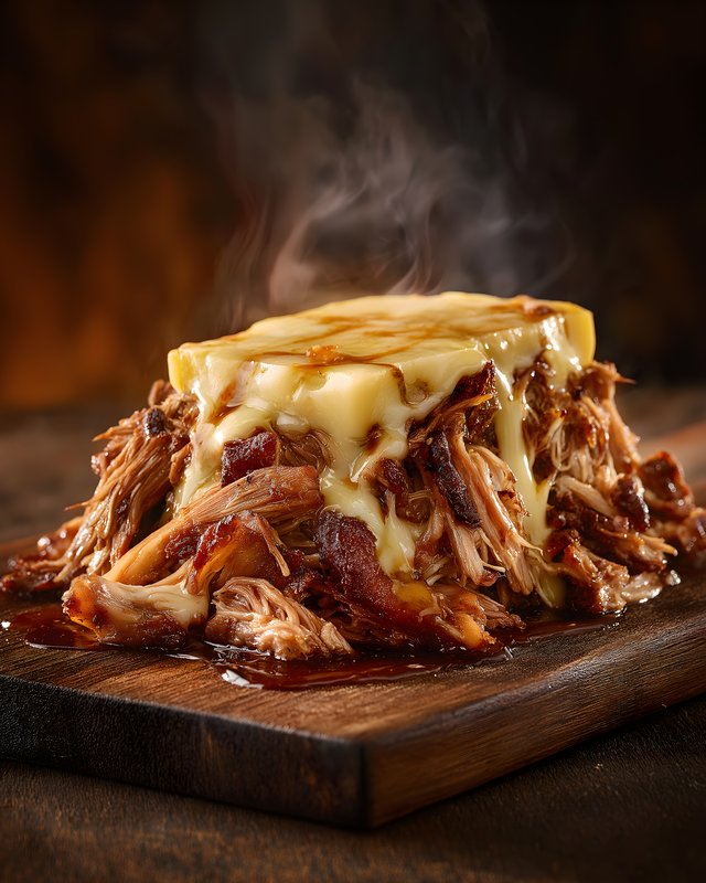 Melted cheese on pulled pork served on wooden board Free Premium Stock Image - stock photo