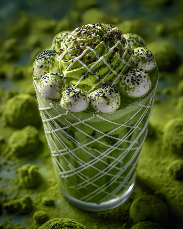 Matcha dessert served in a tall glass on a green surface Free Premium Stock Photo - stock photo