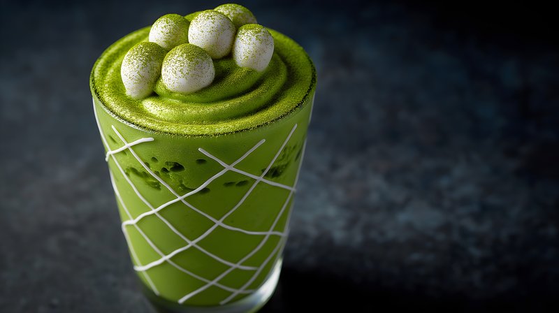 Matcha drink topped with marshmallows on a dark surface Free Premium Stock Image - stock photo