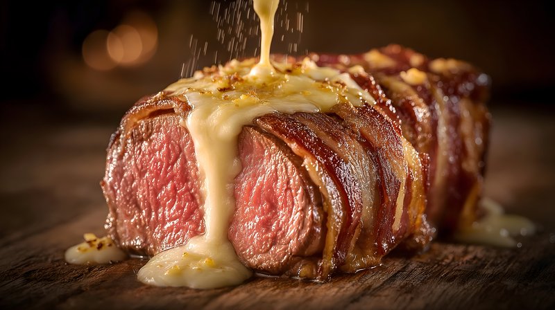 Beef wrapped in bacon with sauce pouring over it Free Premium Stock Image - stock photo
