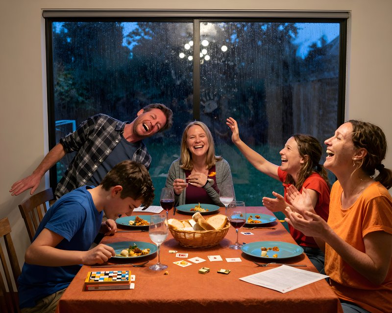 Group enjoys dinner and games in cozy home setting Free Premium Stock Image - stock photo