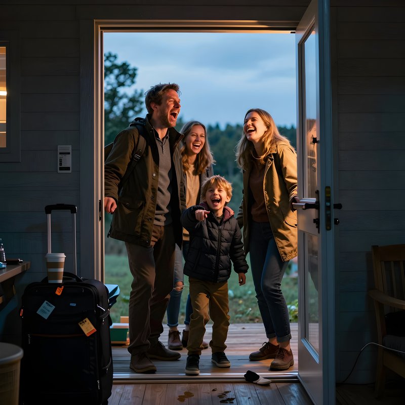 Family reunion occurs at cabin entrance on a cool evening Free Premium Stock Image - stock photo