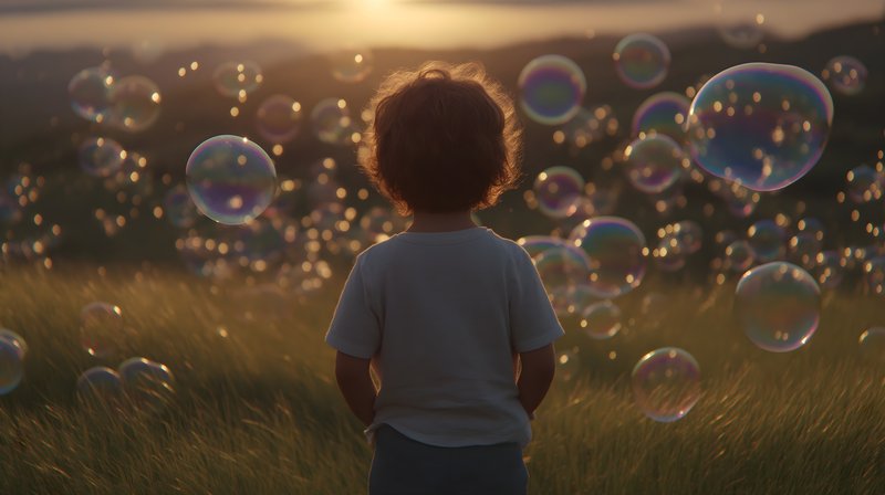 Child watches bubbles floating in the air during sunset Free Premium Stock Image - stock photo