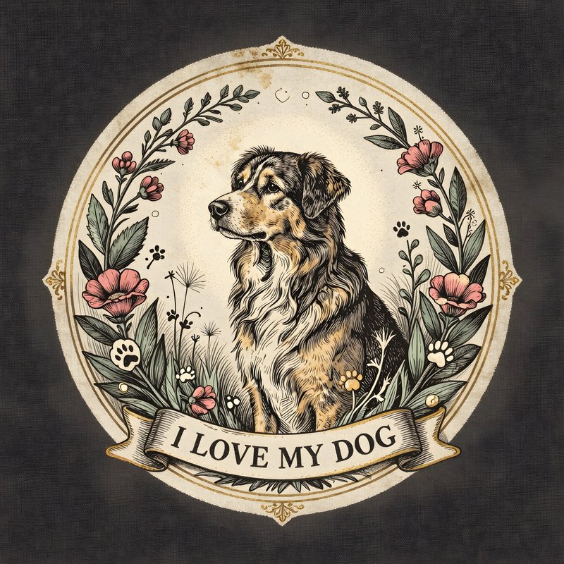 Dog surrounded by flowers with a message of love in the design Free Premium Stock Photo - stock photo