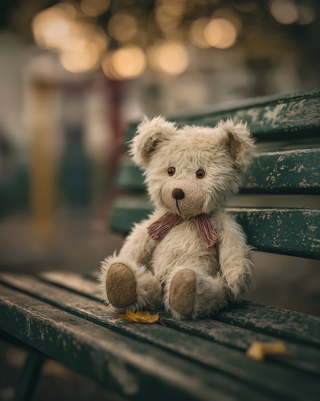 Teddy bear sitting on a green bench in a park during sunset Free Premium Stock Image - stock photo