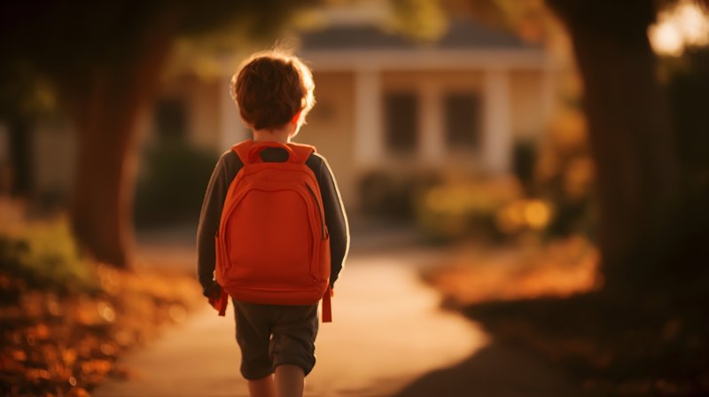 Child walks down path with orange backpack in afternoon light Free Premium Stock Photo - stock photo
