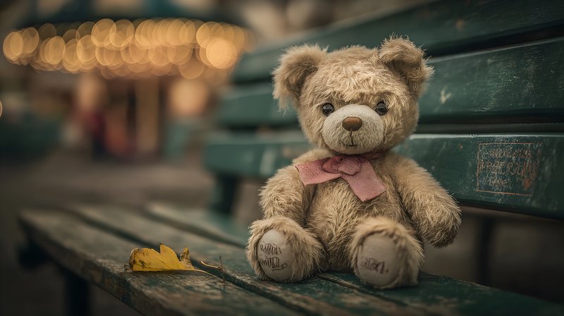 Teddy bear sits alone on a bench in a park during evening Free Premium Stock Image - stock photo