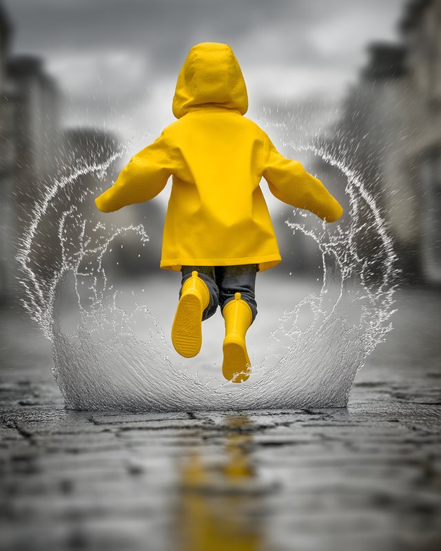 Child jumps in puddle during rainy day in city street Free Premium Stock Image - stock photo