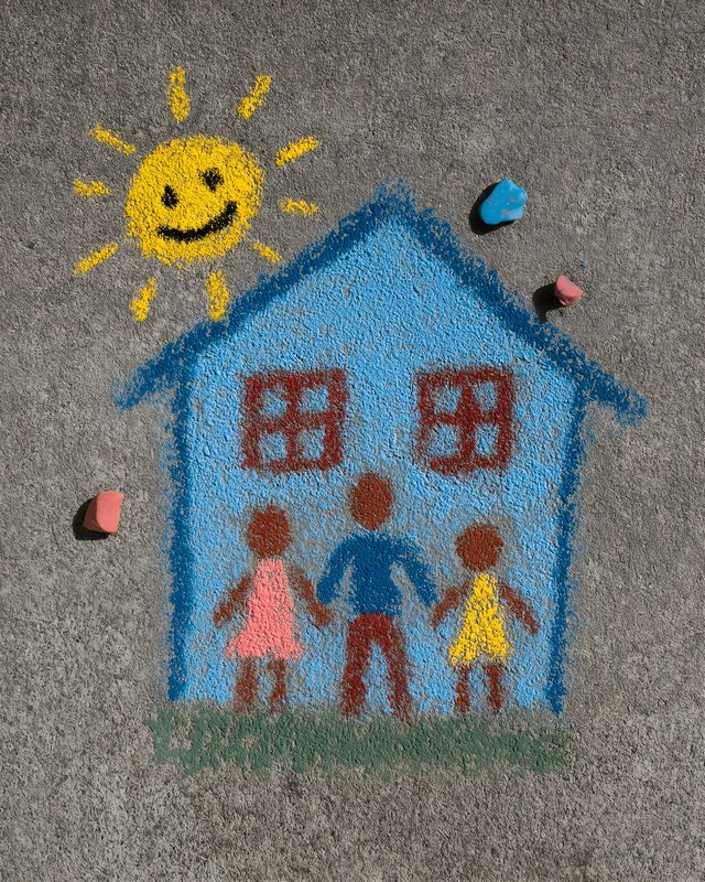 Children drawing a house and sun with chalk on ground Free Premium Stock Photo - stock photo