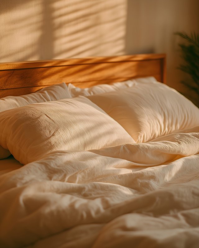 Warm sunlight on cozy bed with pillows and soft sheets Free Premium Stock Image - stock photo