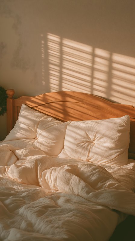 Sunlight shining through blinds on a cozy bed during morning Free Premium Stock Image - stock photo