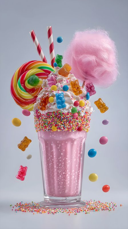 Colorful dessert drink with candy and cotton candy Free Premium Stock Image - stock photo
