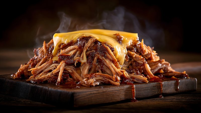 Pulled pork with cheese on wooden board during dinner time Free Premium Stock Image - stock photo